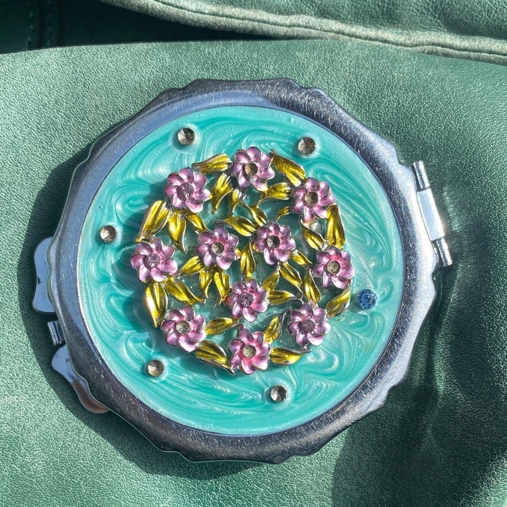 Compact Mirror with Pink Floral Accents and Turquoise Face